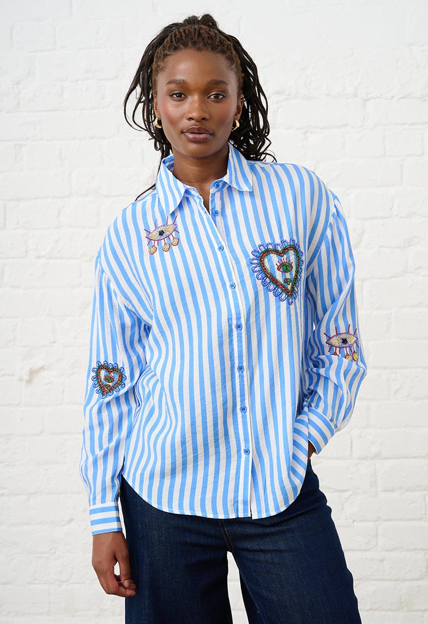 Me&B - Beaded Shirt in Blue Stripe - Blue