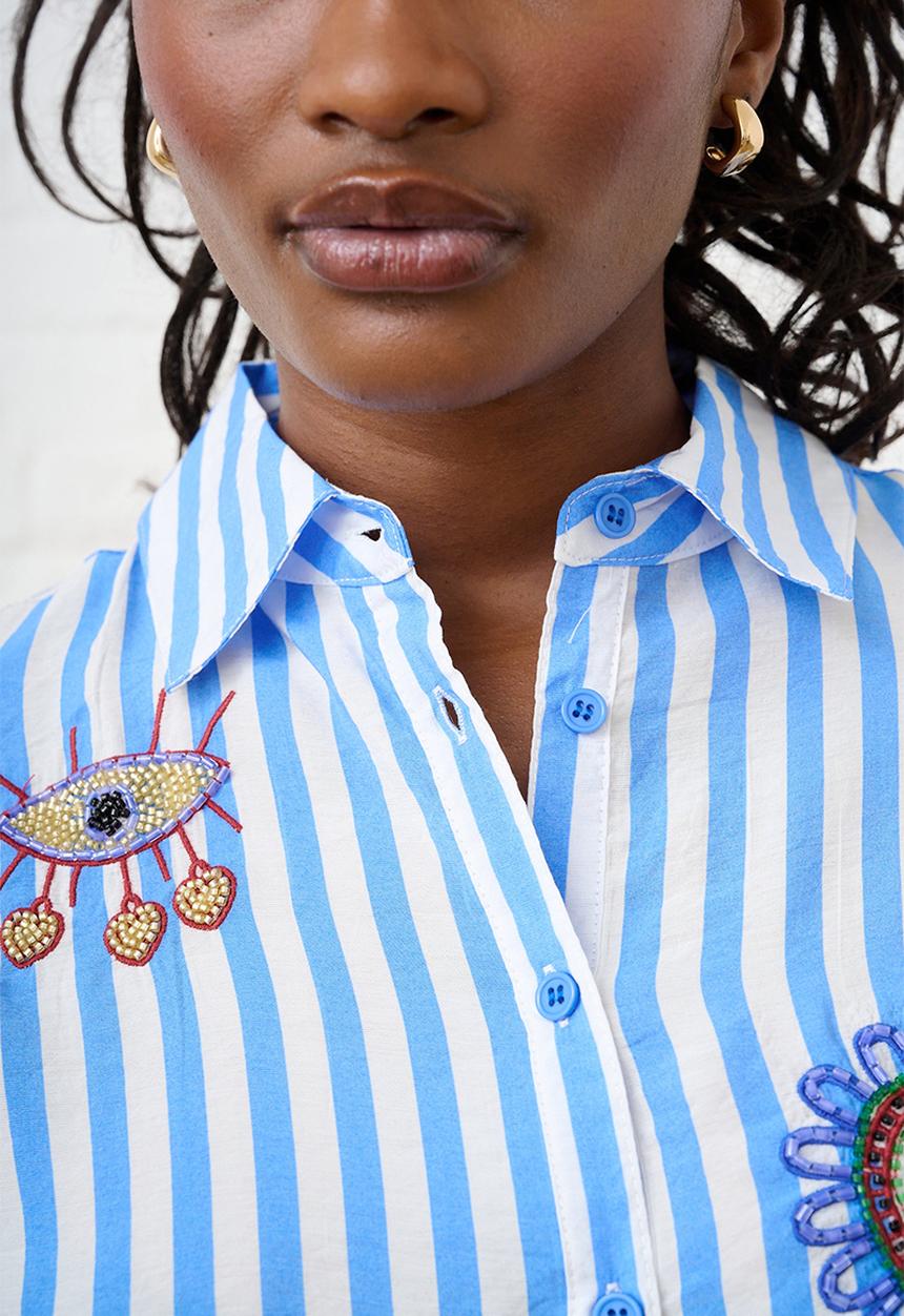 Me&B - Beaded Shirt in Blue Stripe - Blue