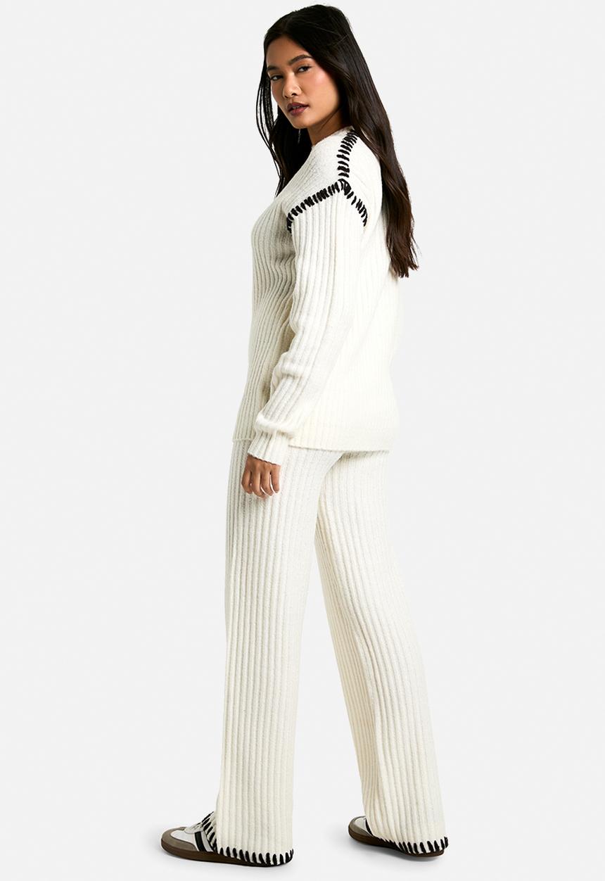 boohoo - Premium heavyweight contrast trim jumper and trouser knitte - ecru