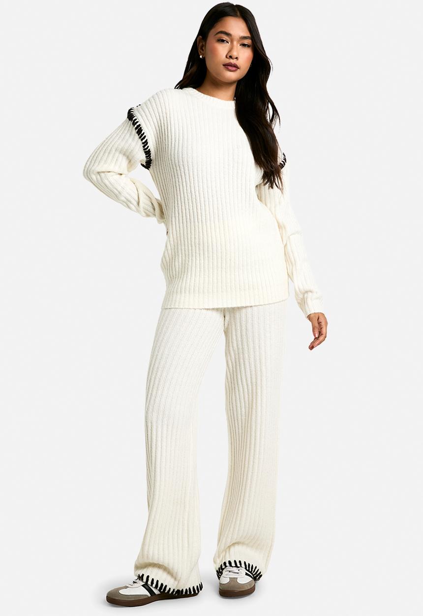 boohoo - Premium heavyweight contrast trim jumper and trouser knitte - ecru