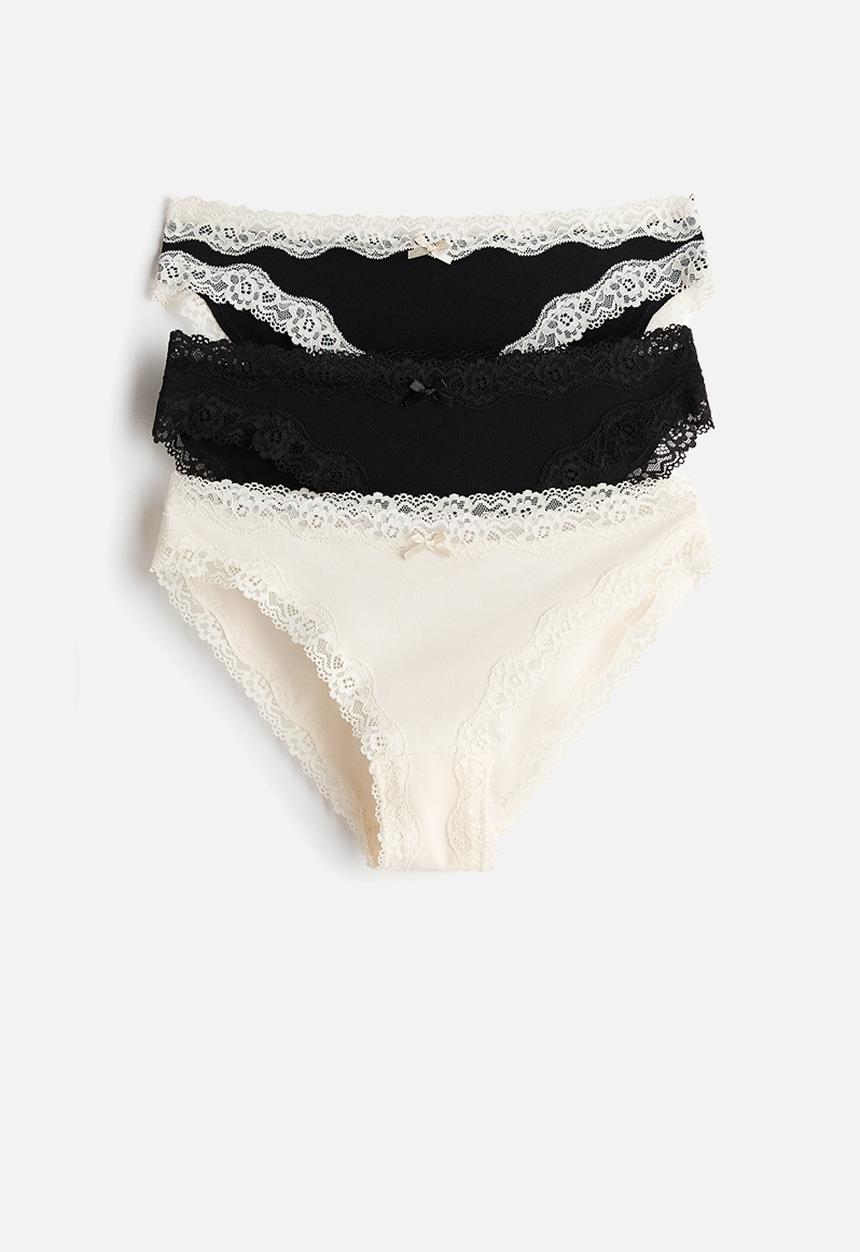 H&M - 3-Pack lace-trimmed cotton briefs - black/cream