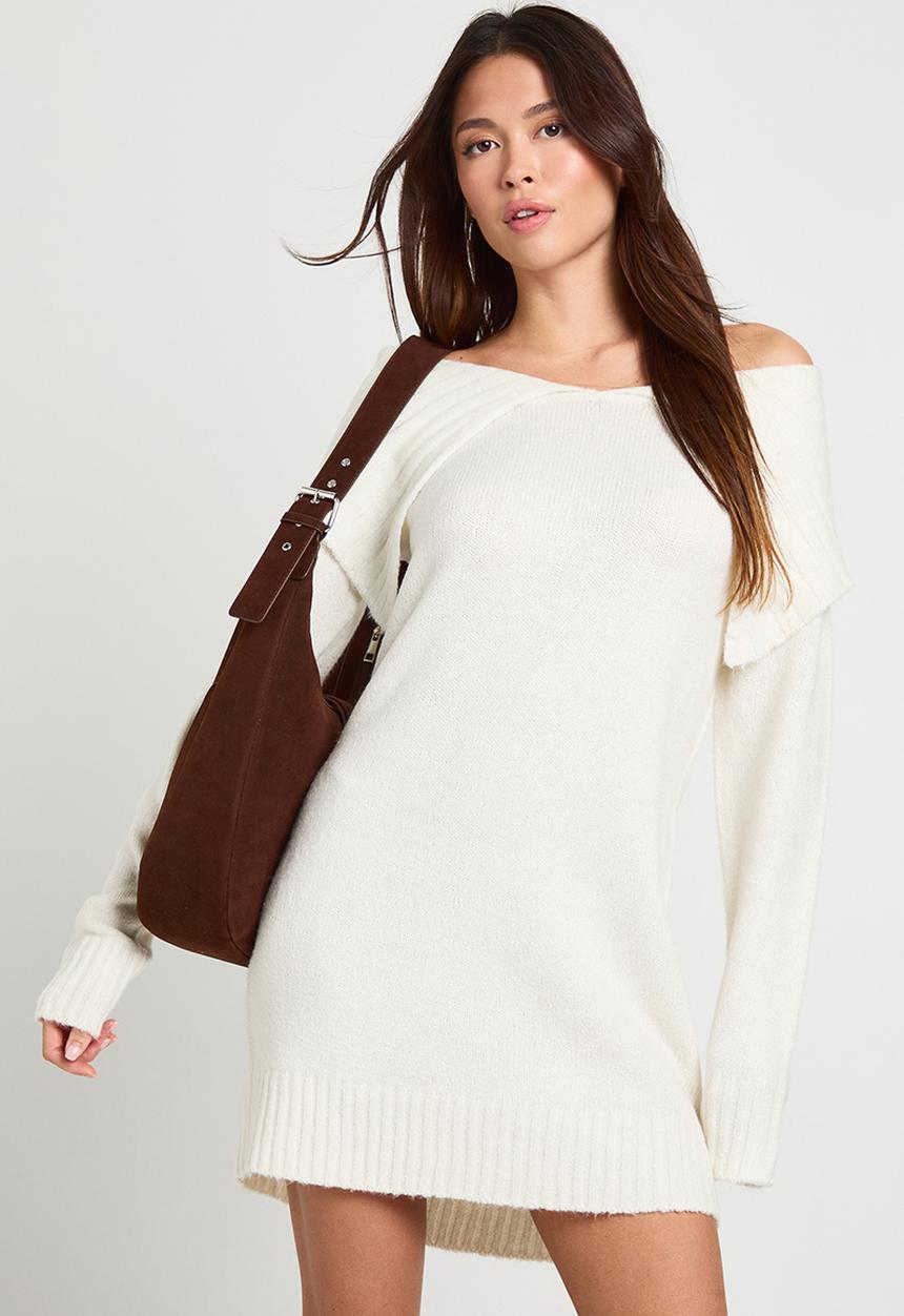 Off The Shoulder Pullover ecru Sサイズ Soft knit oversized collar off the shoulder jumper dress - ecru