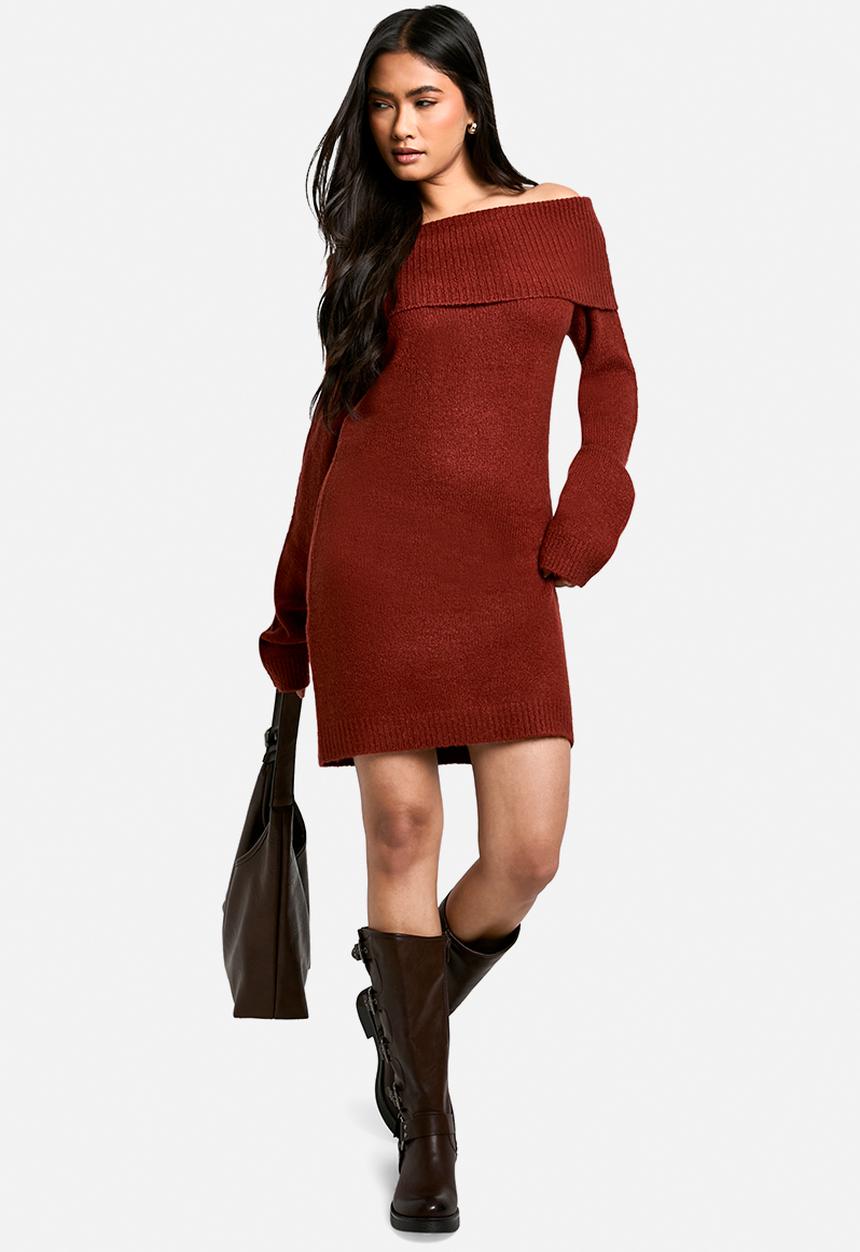 boohoo - Rib bardot neckline mini jumper dress - chocolate