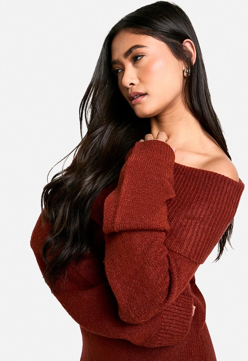 boohoo - Rib bardot neckline mini jumper dress - chocolate