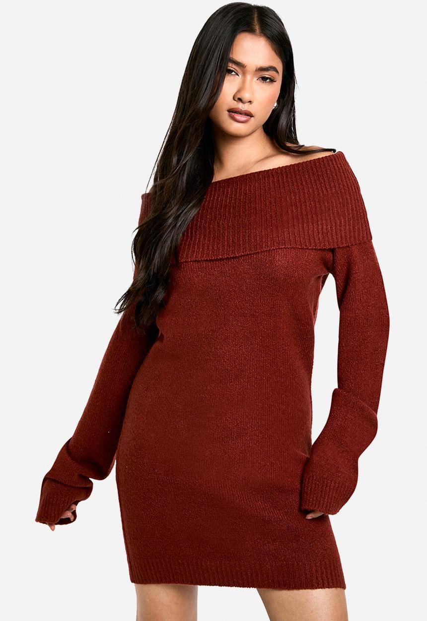 boohoo - Rib bardot neckline mini jumper dress - chocolate