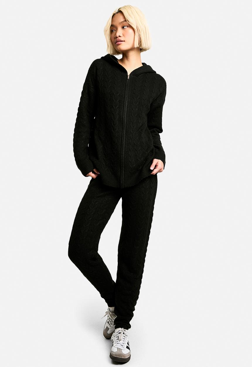 boohoo - Soft cable zip through hoody knitted tracksuit - black
