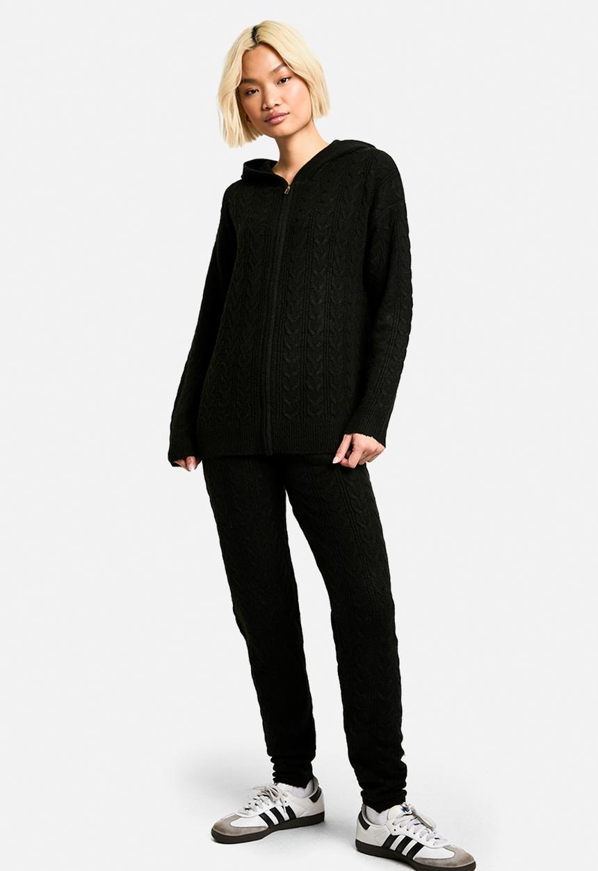 boohoo - Soft cable zip through hoody knitted tracksuit - black