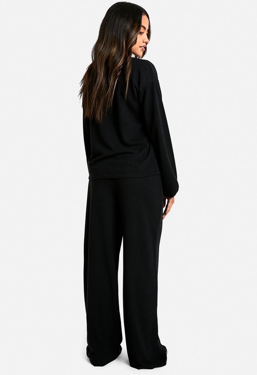 boohoo - Rib tie front blouse and trouser co-ord - black
