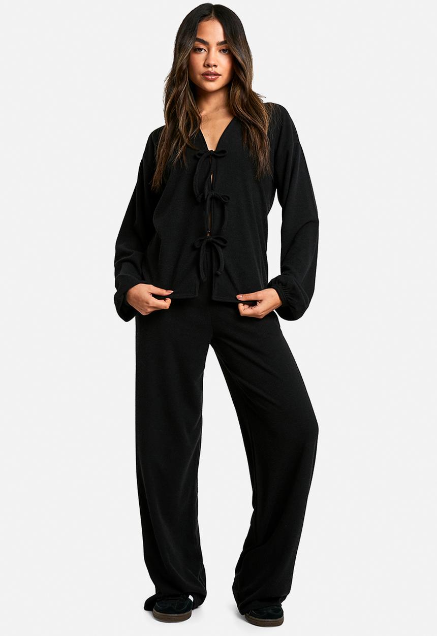 boohoo - Rib tie front blouse and trouser co-ord - black