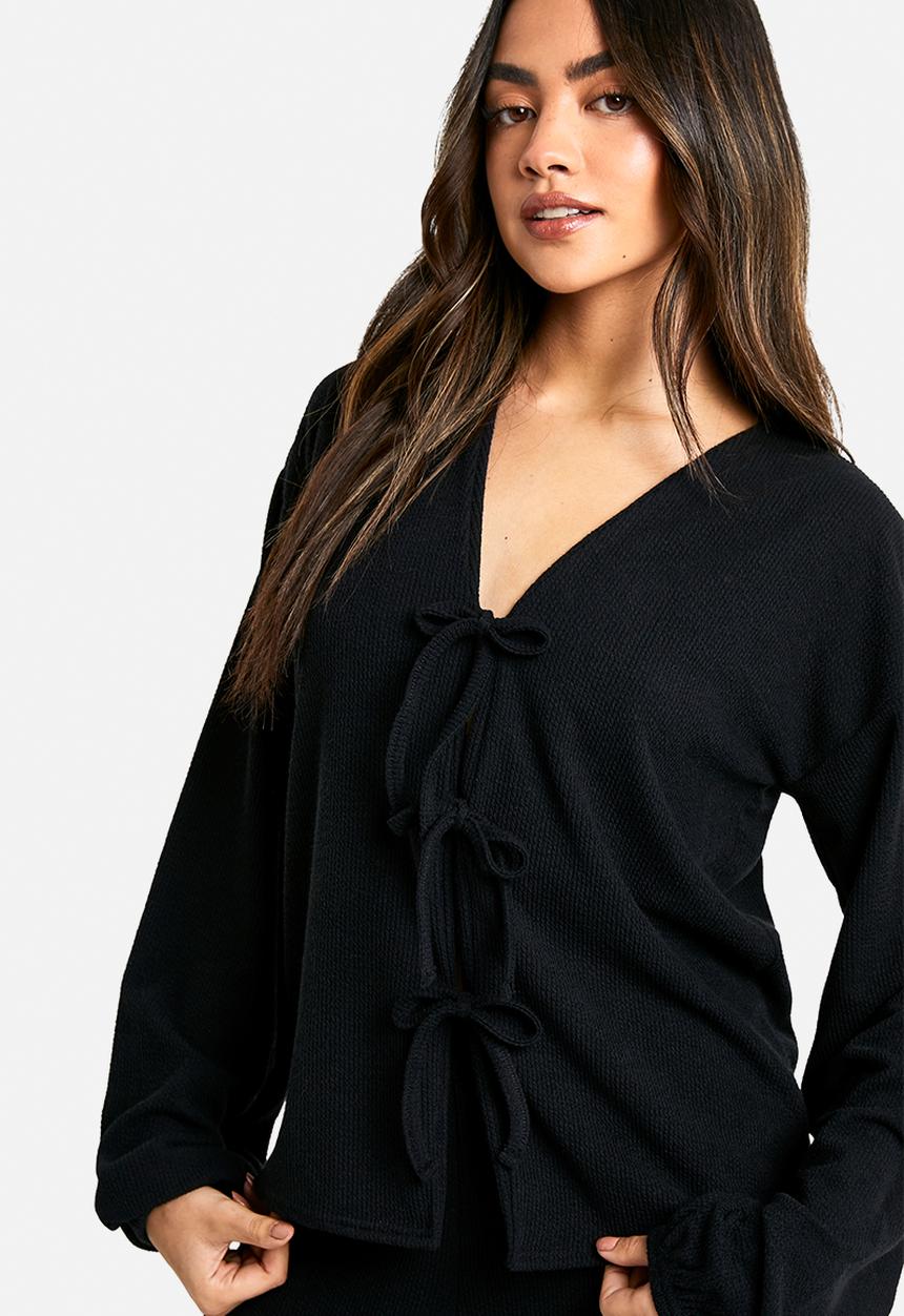 boohoo - Rib tie front blouse and trouser co-ord - black