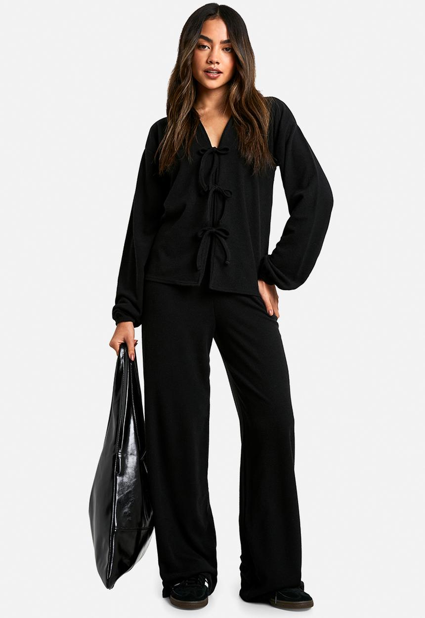 boohoo - Rib tie front blouse and trouser co-ord - black