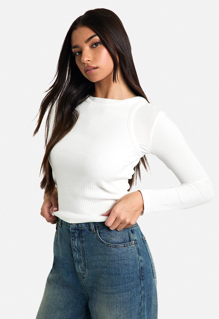 boohoo - 2 layer rib long sleeve top - cream