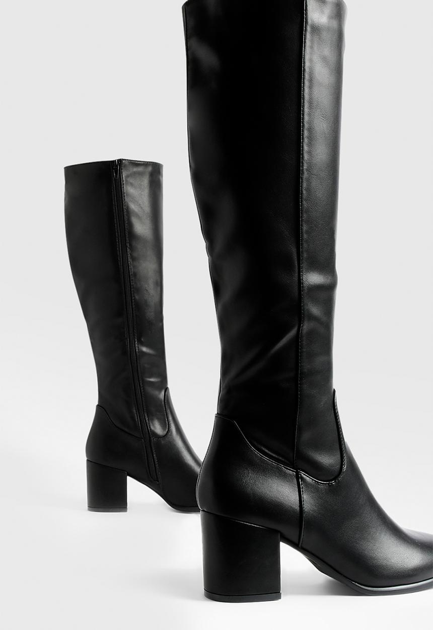 boohoo - Low block basic pull on knee high boots - black