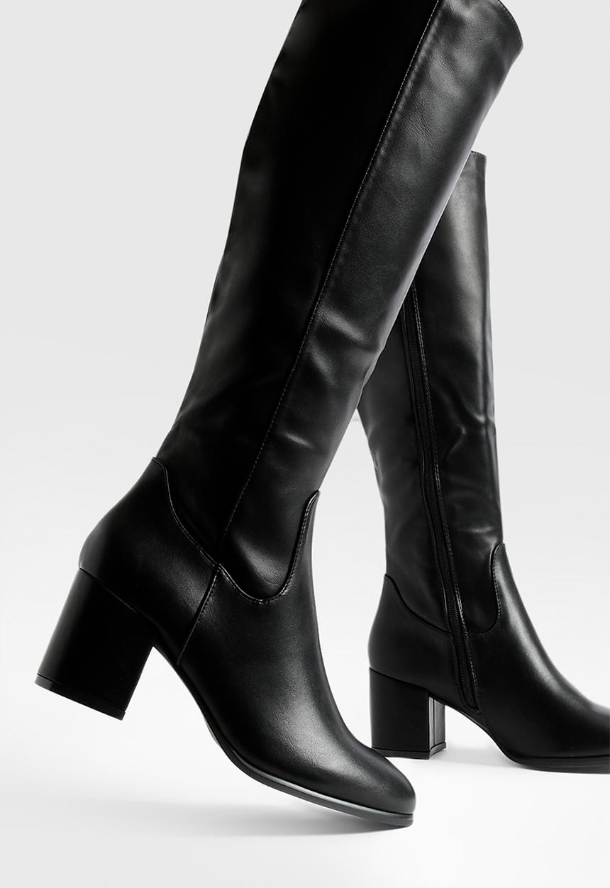 boohoo - Low block basic pull on knee high boots - black