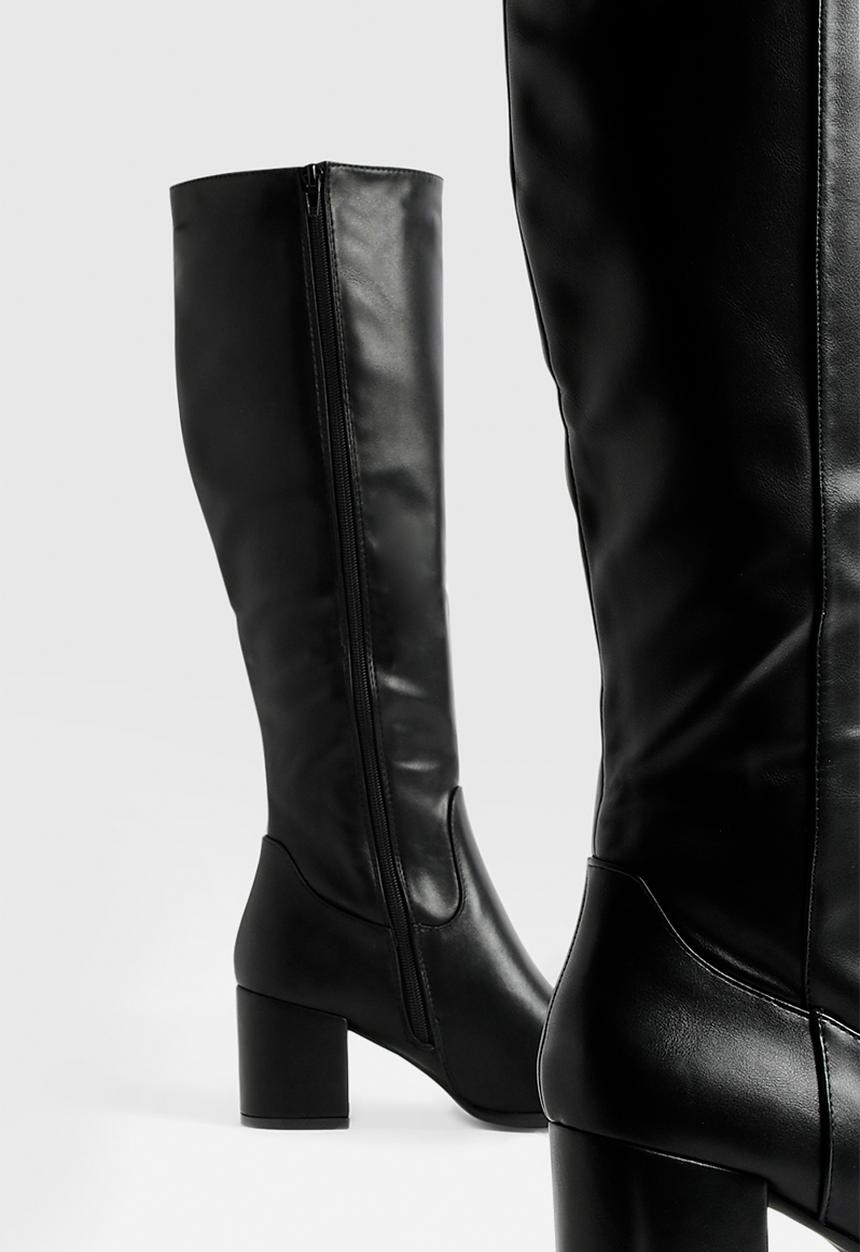 boohoo - Low block basic pull on knee high boots - black