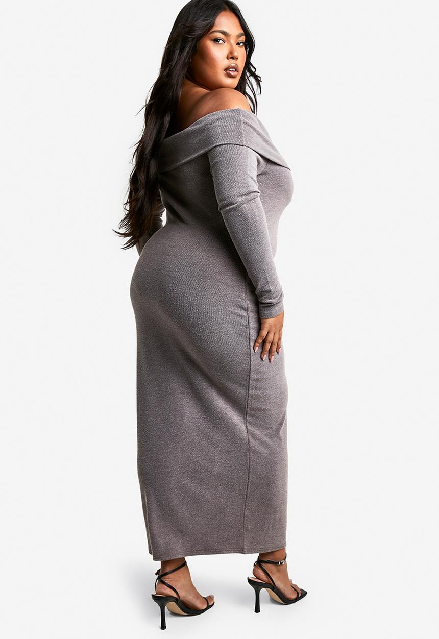 boohoo - Plus two tone off shoulder column midaxi dress - brown
