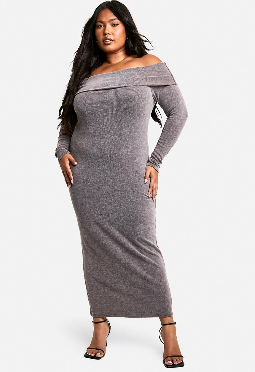boohoo - Plus two tone off shoulder column midaxi dress - brown