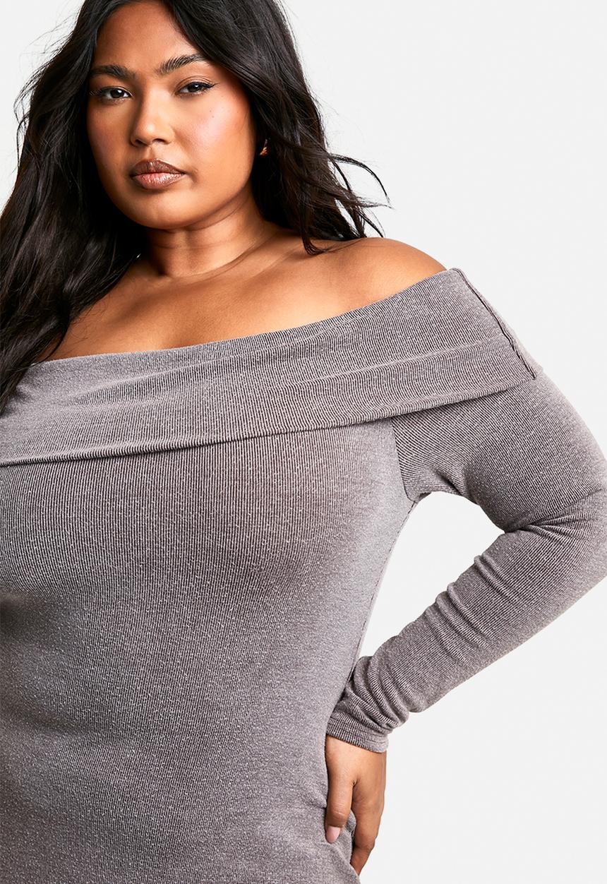boohoo - Plus two tone off shoulder column midaxi dress - brown