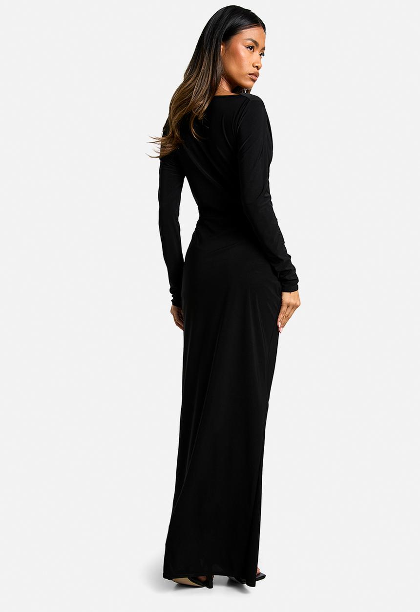 boohoo - Long sleeve wrap maxi dress - black