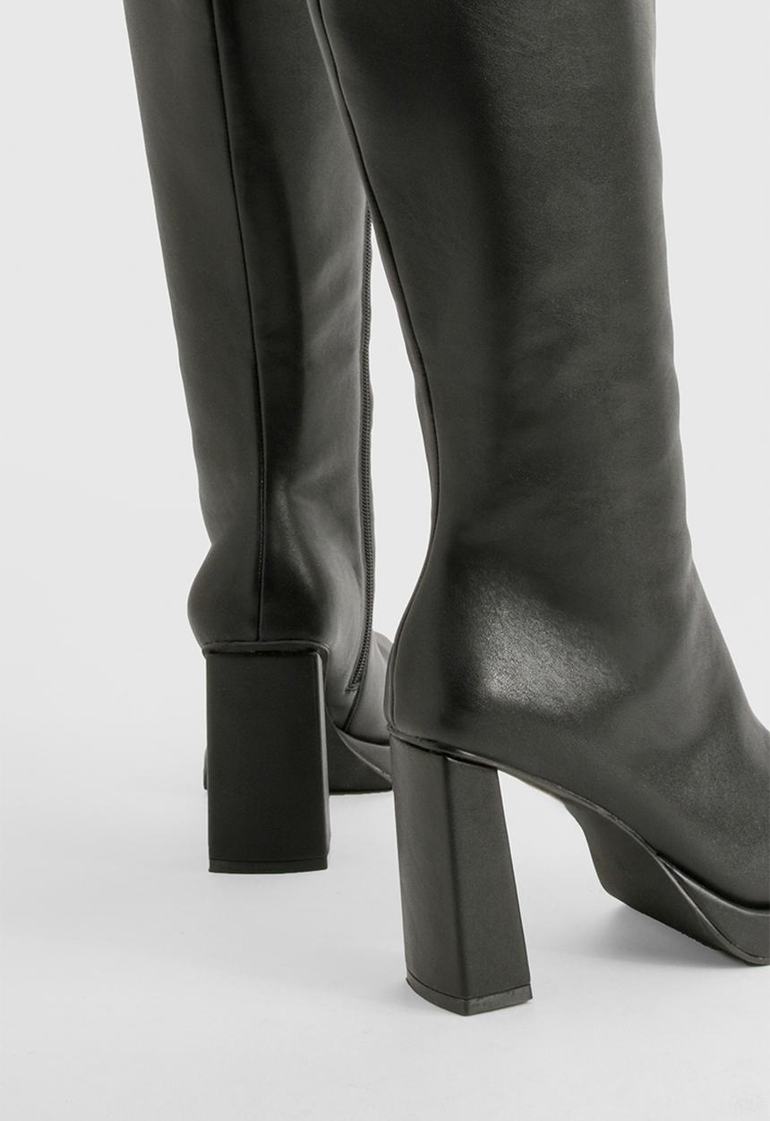 boohoo - Block heel platform knee high boots - black