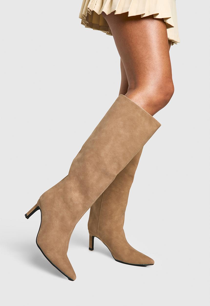 boohoo - Column nubuck low heel knee high boots - taupe