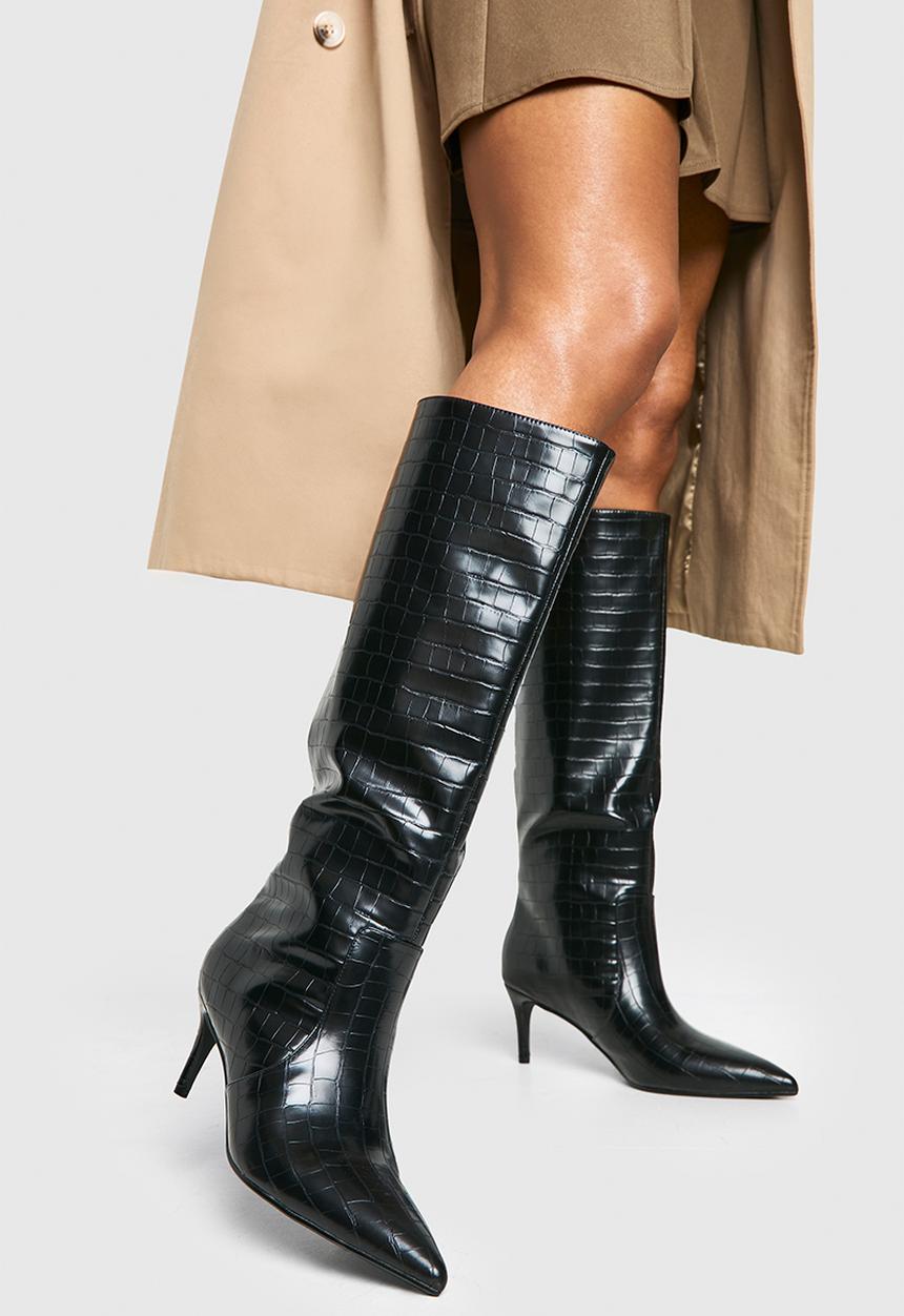 boohoo - Curved stiletto knee high boots - black
