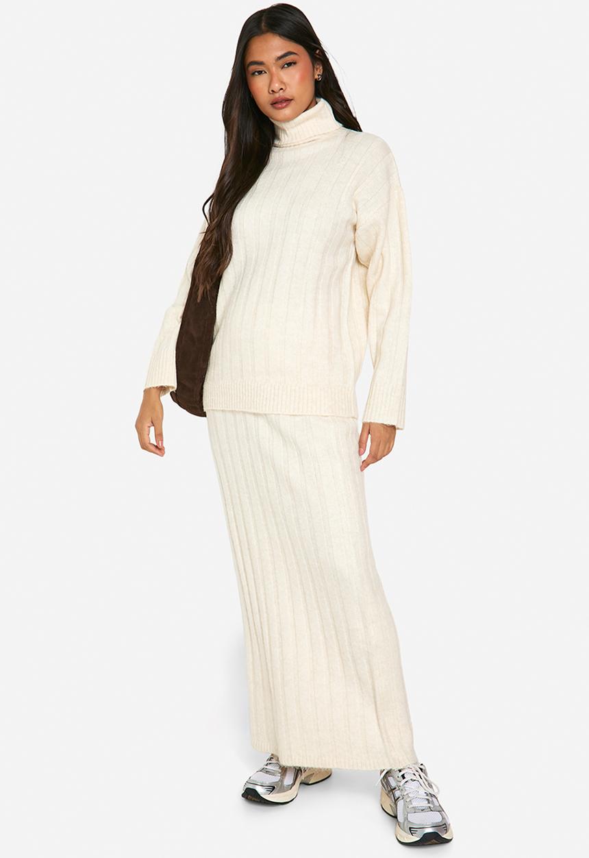 boohoo - Wide soft rib roll neck jumper and maxi skirt co-ord - ecru