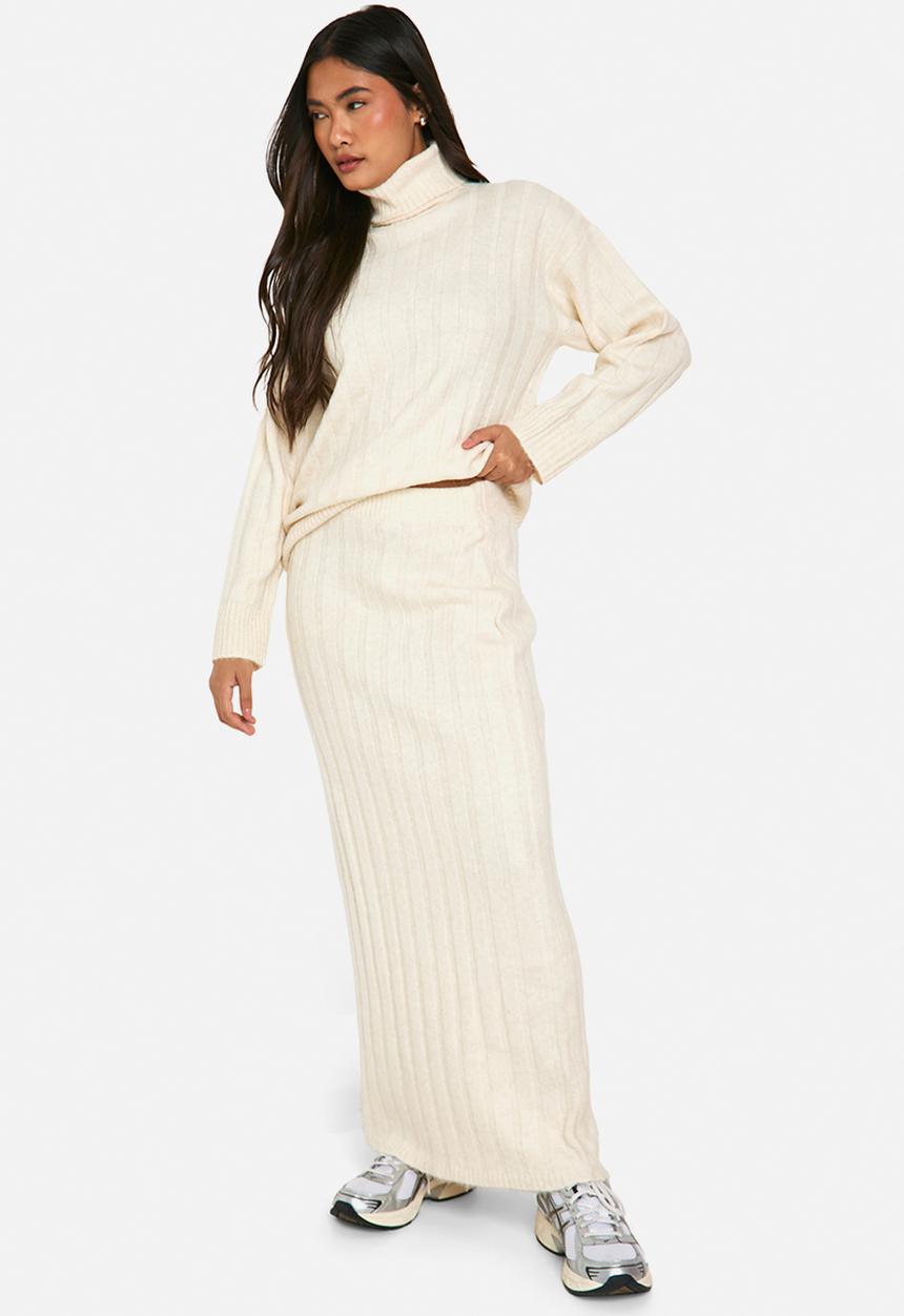 boohoo - Wide soft rib roll neck jumper and maxi skirt co-ord - ecru