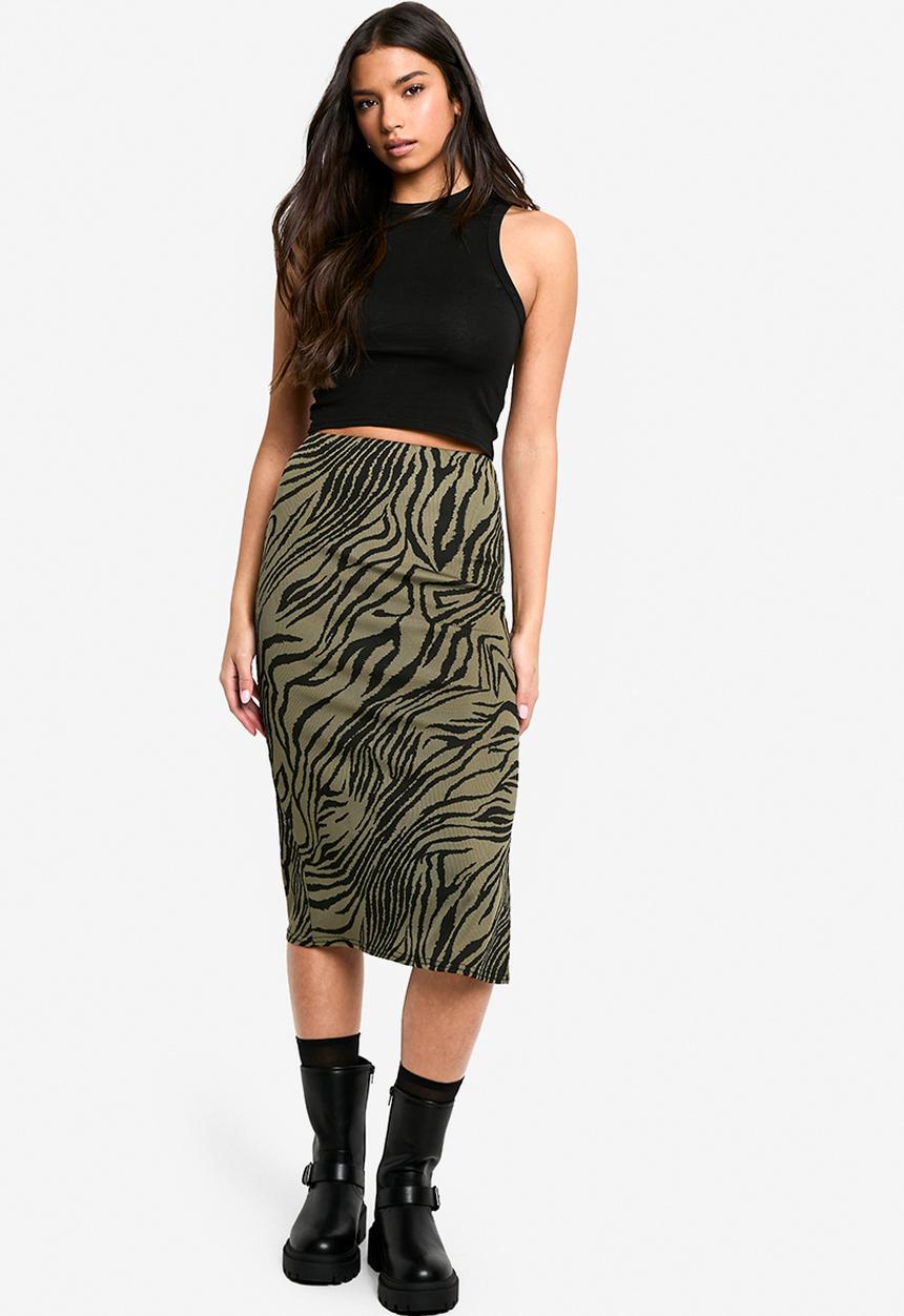 boohoo - Zebra print rib side split midi skirt - khaki