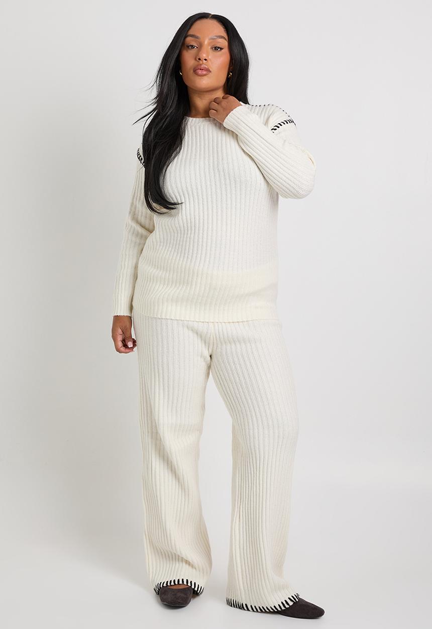 boohoo - Plus premium heavyweight contrast trim jumper and trouser k - ecru