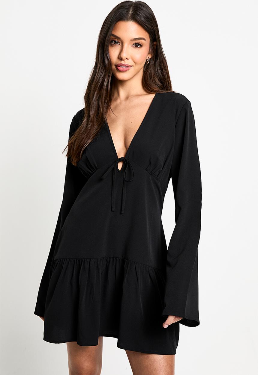 boohoo - Long sleeve tiered smock dress - black