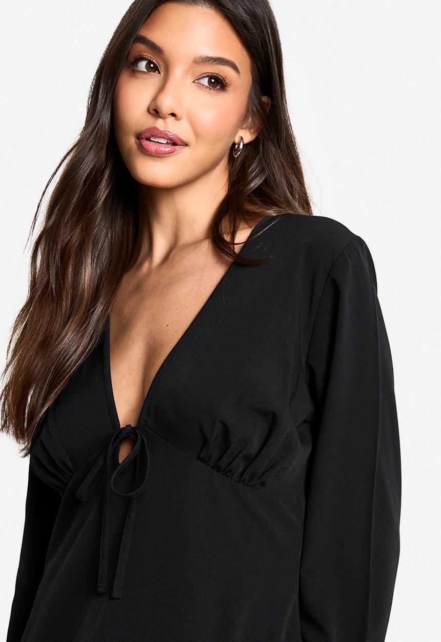 boohoo - Long sleeve tiered smock dress - black