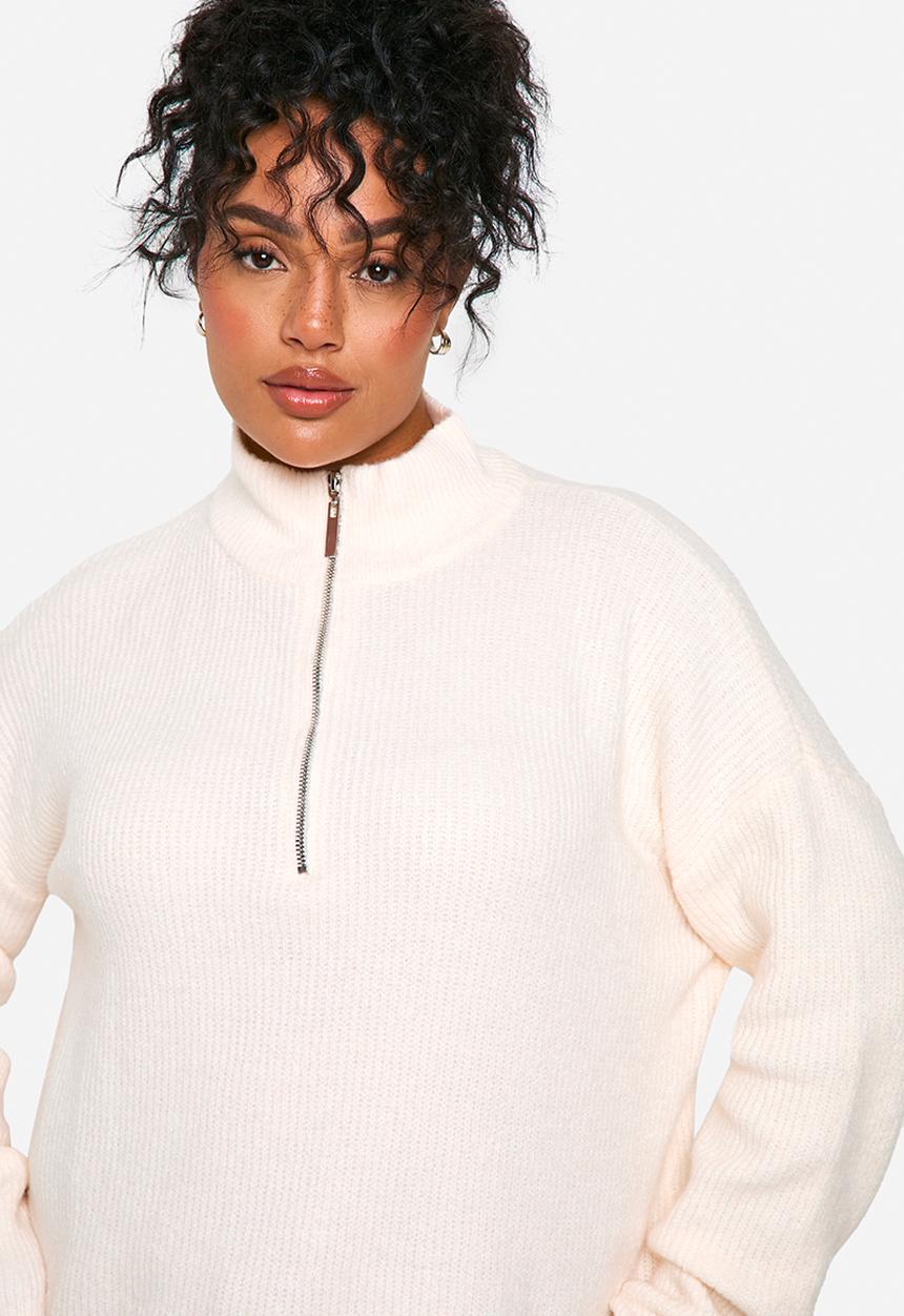 boohoo - Plus drawstring zip funnel neck jumper - ecru