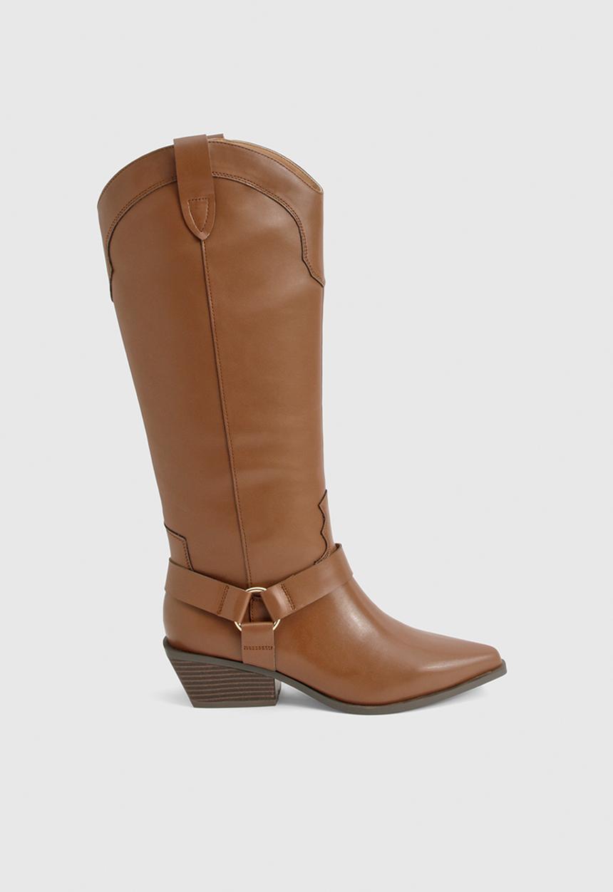 boohoo - Western style harness detail knee high boots - tan