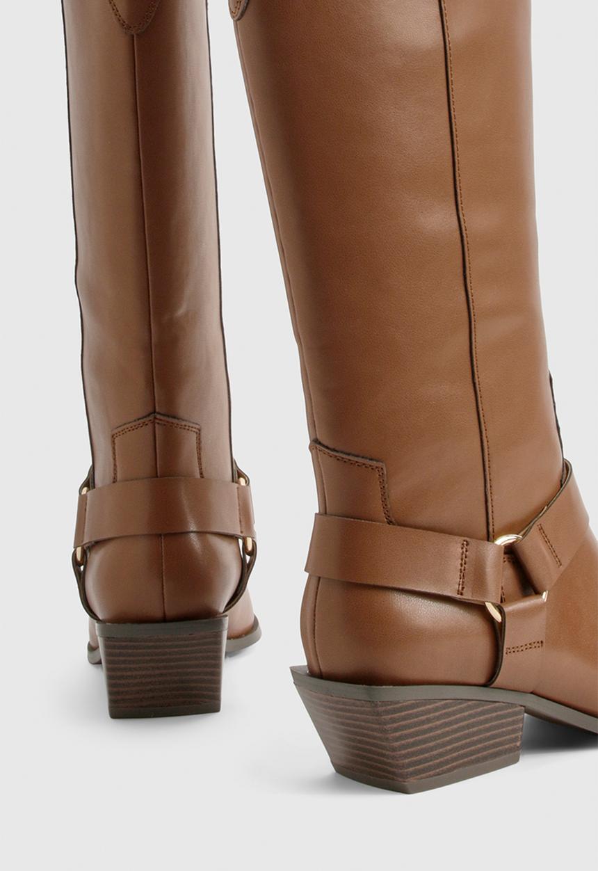 boohoo - Western style harness detail knee high boots - tan