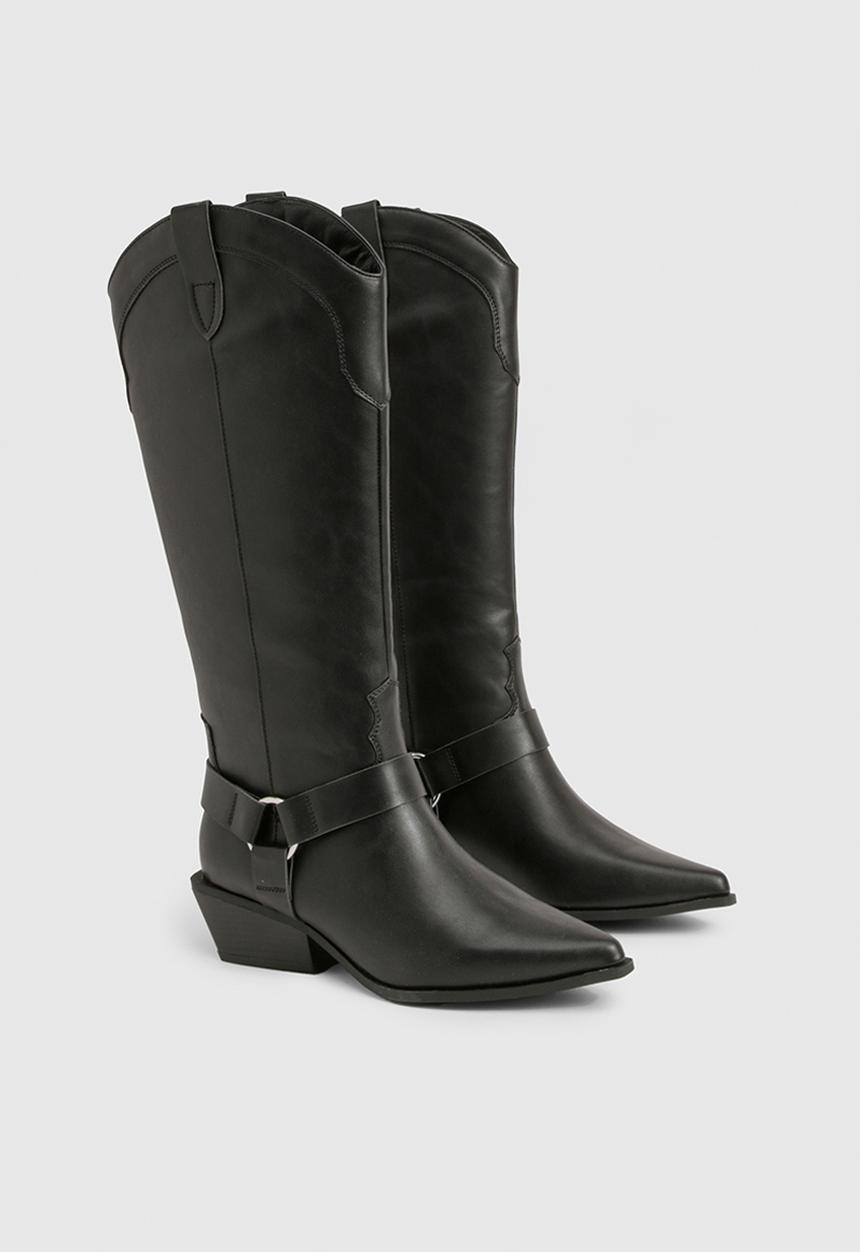 boohoo - Western style harness detail knee high boots - black