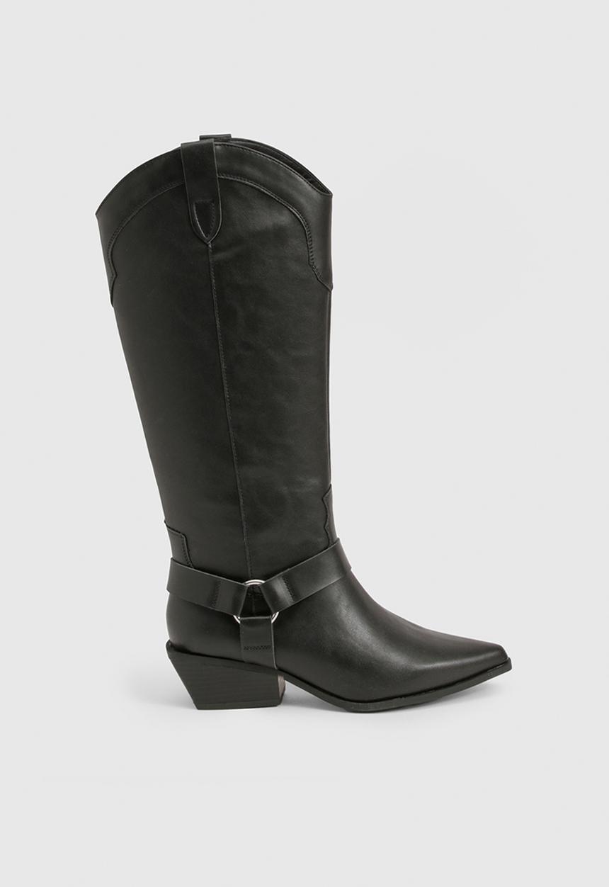 boohoo - Western style harness detail knee high boots - black