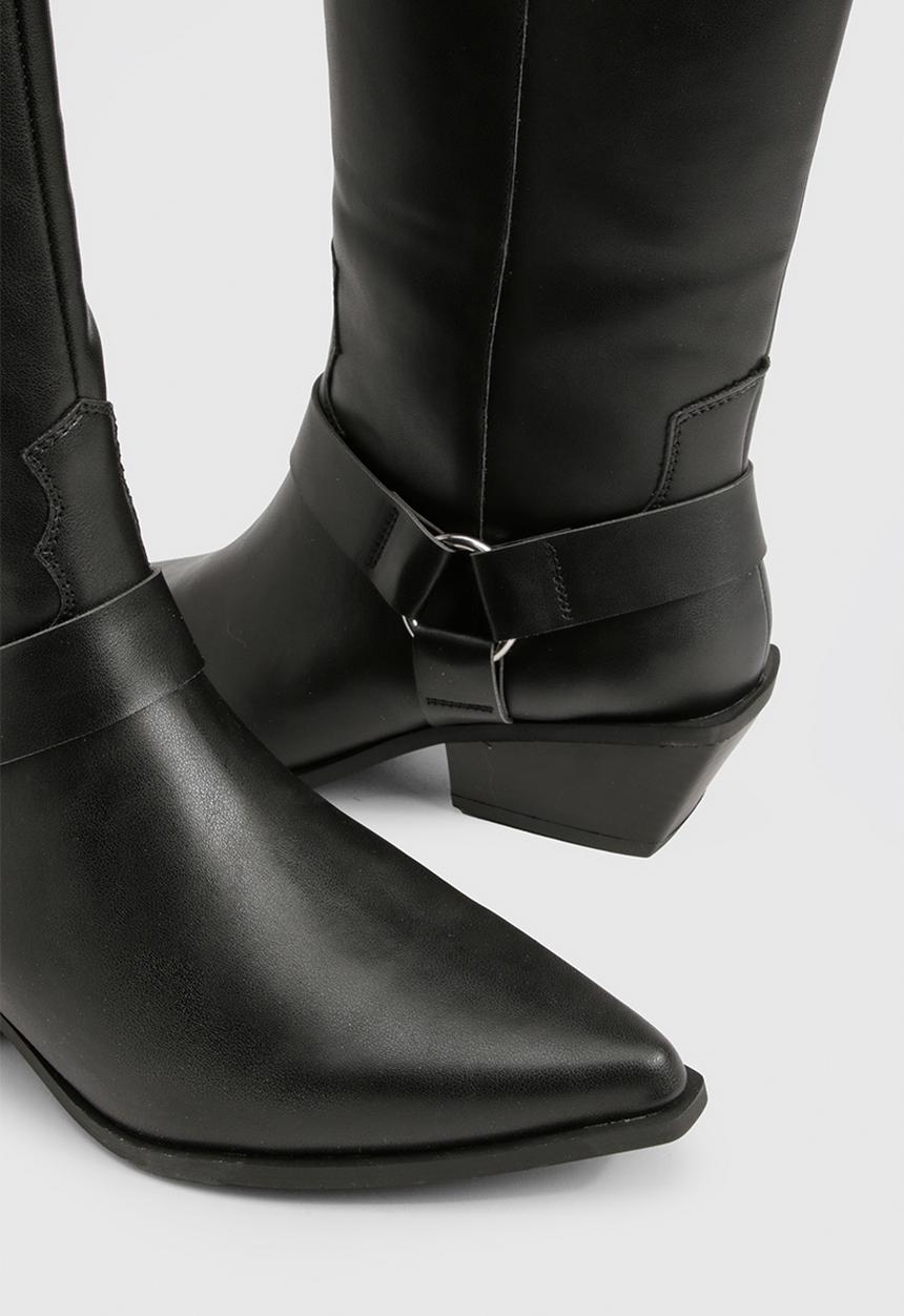 boohoo - Western style harness detail knee high boots - black
