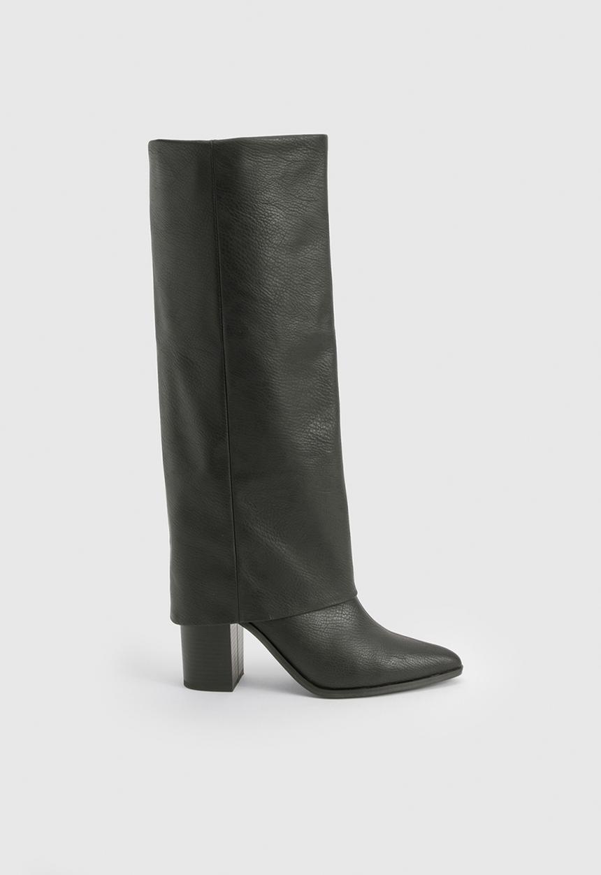 boohoo - Textured foldover stacked heel knee high boots - black