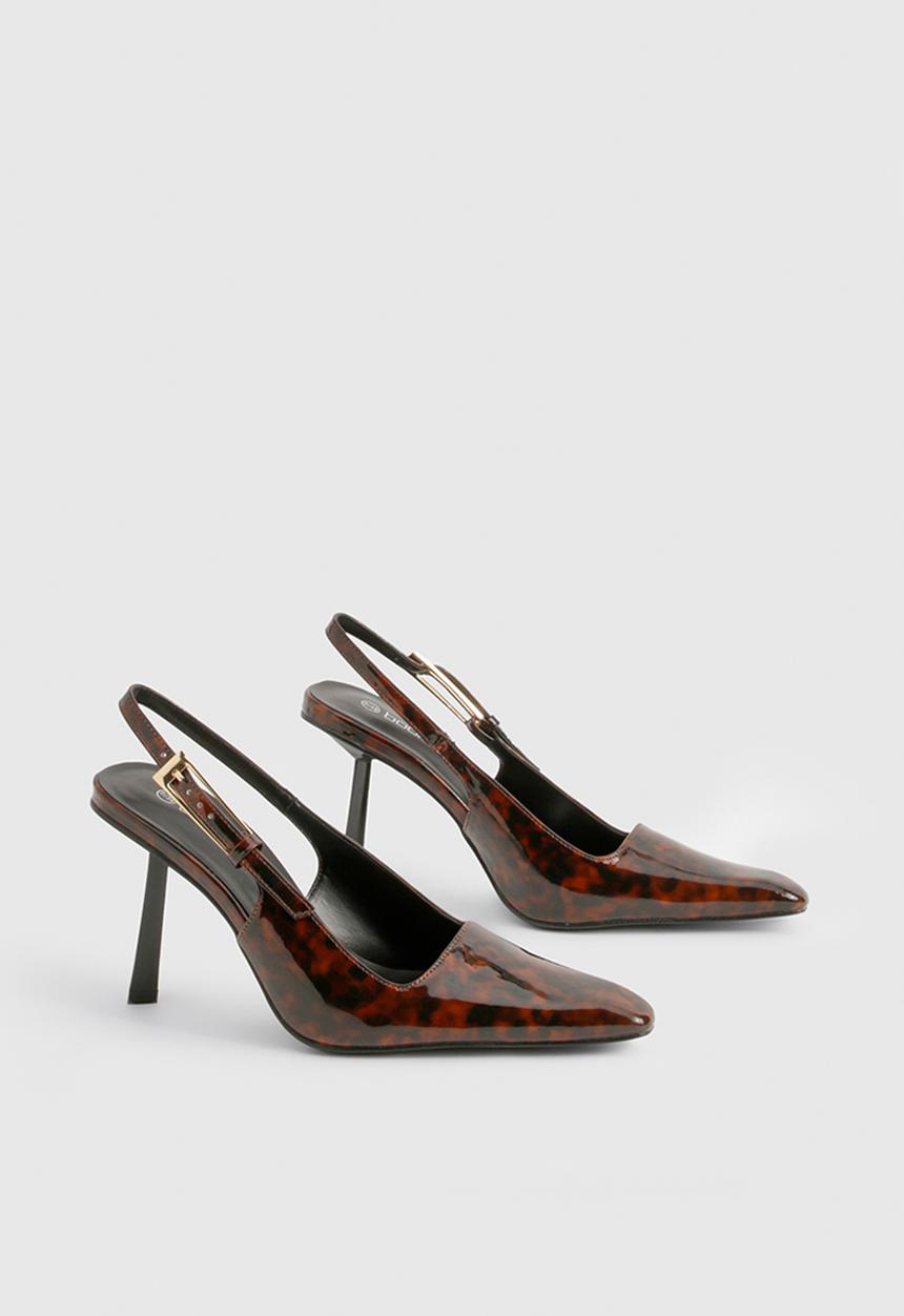 boohoo - Square stiletto buckle slingback court shoes - brown