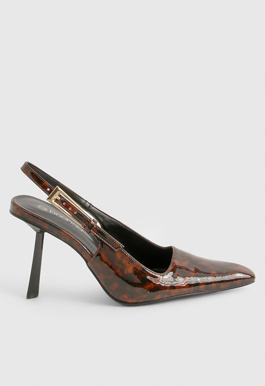 boohoo - Square stiletto buckle slingback court shoes - brown