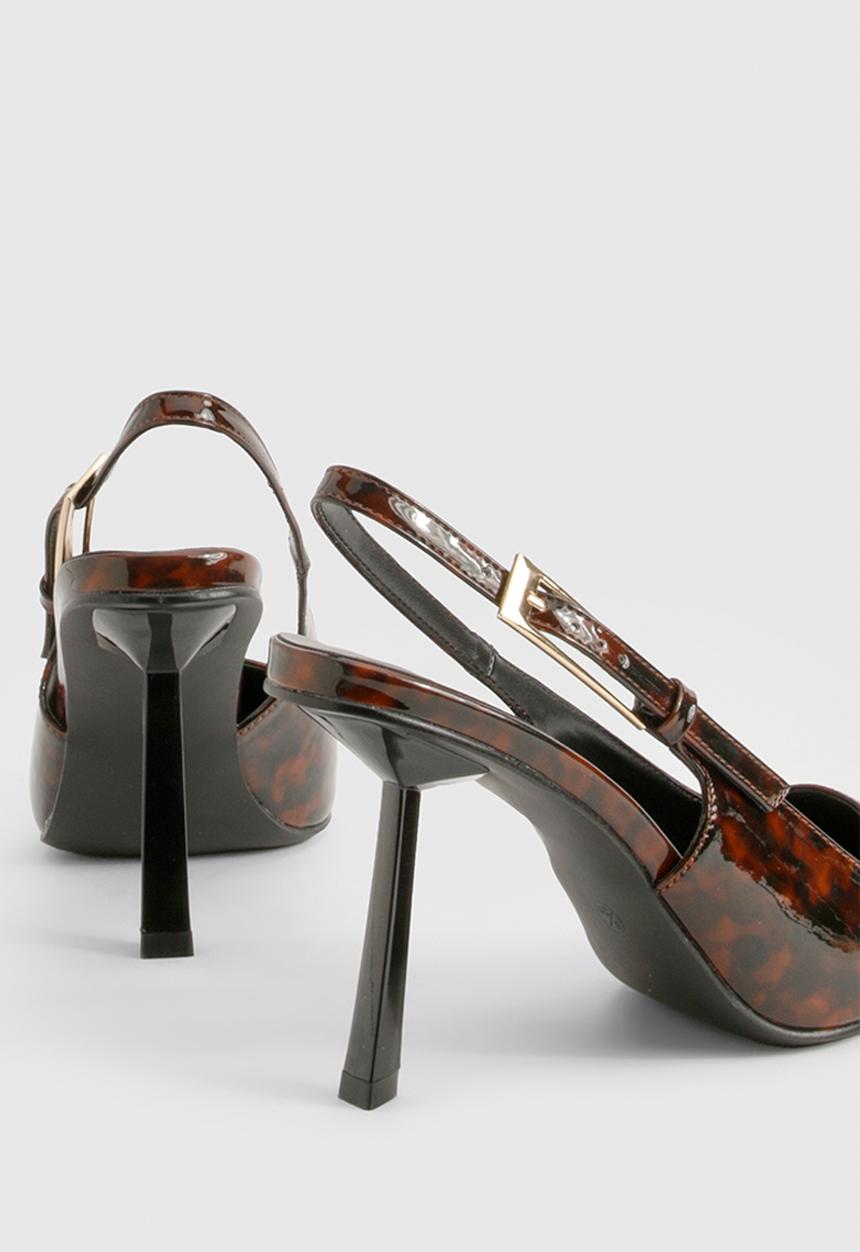 boohoo - Square stiletto buckle slingback court shoes - brown