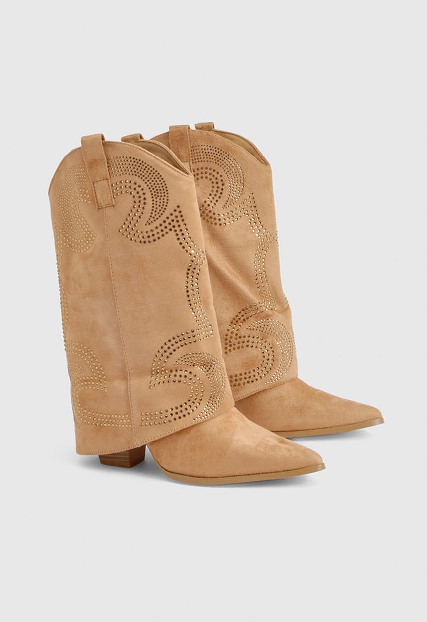 boohoo - Faux Suede Studded Foldover Western Boots
