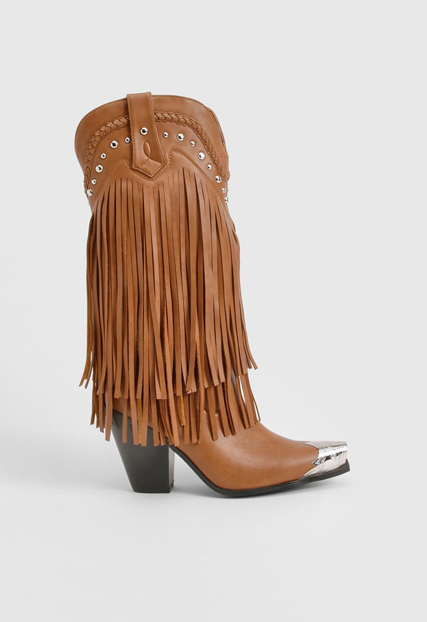 boohoo - Western stud fringe toe cap western boots - tan