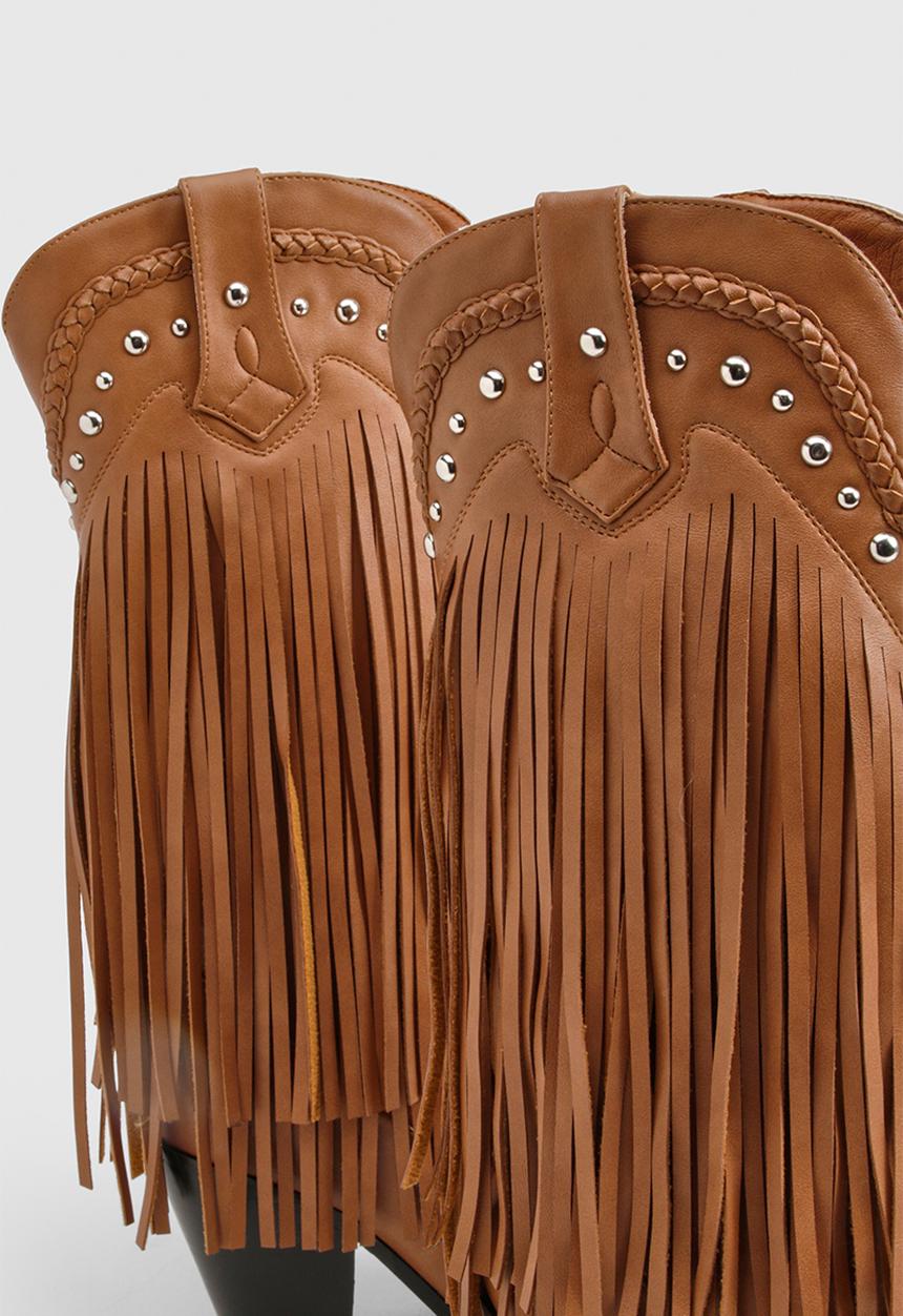boohoo - Western stud fringe toe cap western boots - tan