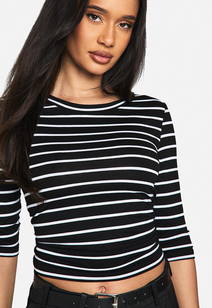 boohoo - Stripe 3/4 sleeve top - black_white