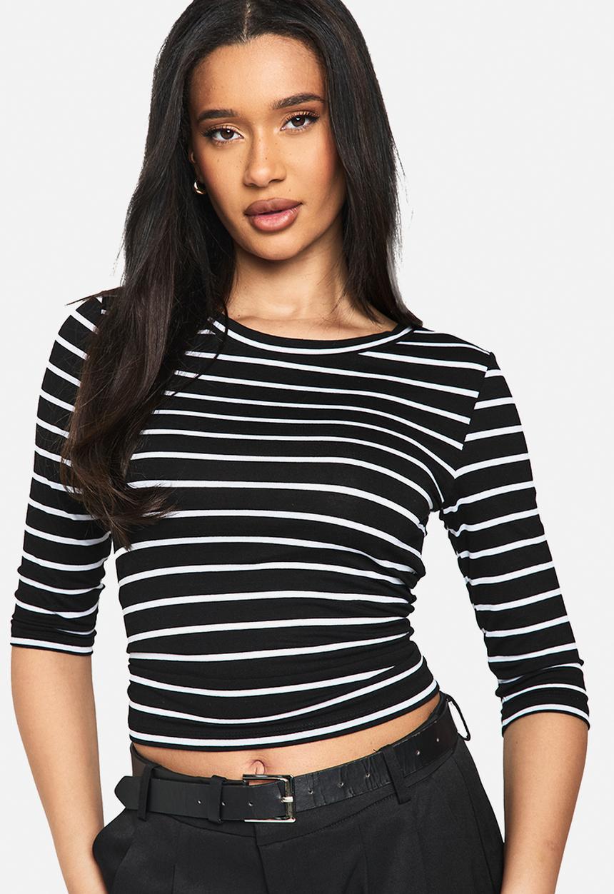 boohoo - Stripe 3/4 sleeve top - black_white