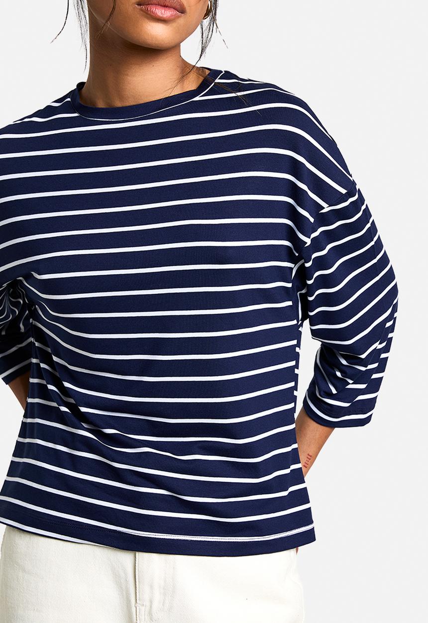 boohoo - Stripe 3/4 sleeve crew neck top - navy