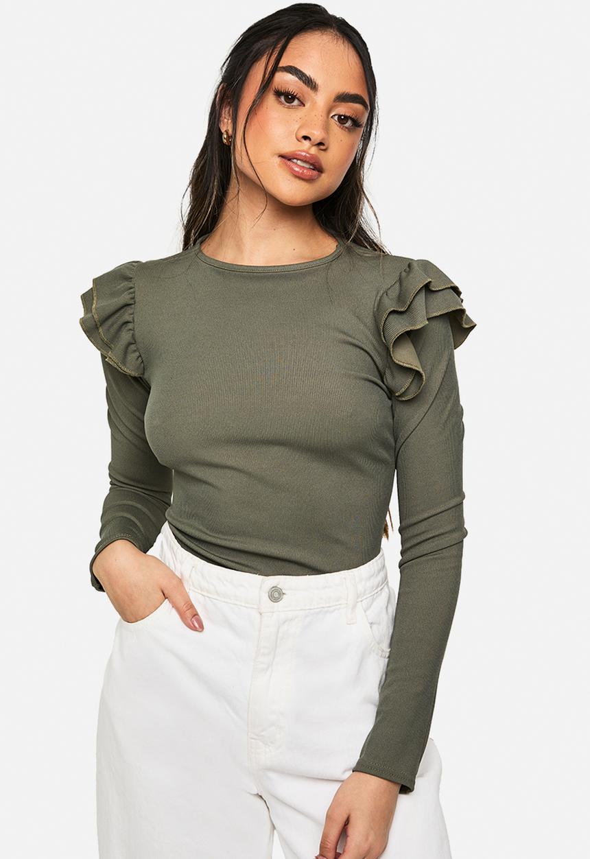 boohoo - Ribbed frill shoulder long sleeve top - khaki