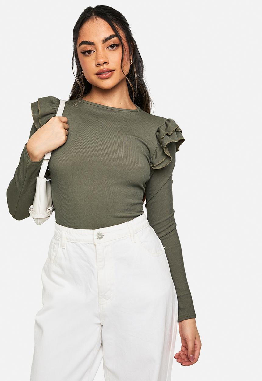 boohoo - Ribbed frill shoulder long sleeve top - khaki